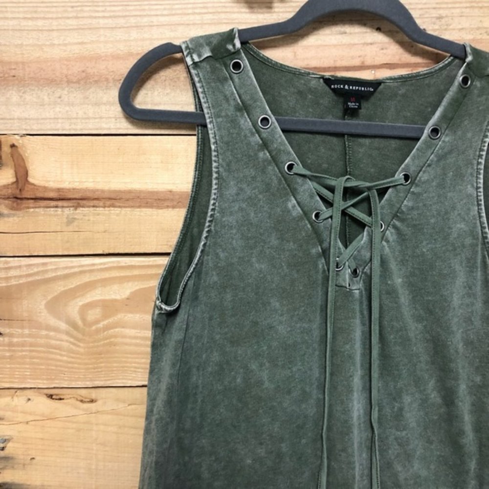 Rock & Republic olive green distressed lace up top - Picture 2 of 6